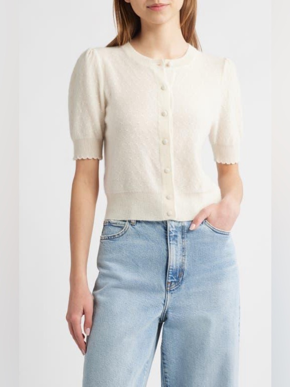 NWT Frame The Cashmere Pointelle Puff Sleeve Cardigan